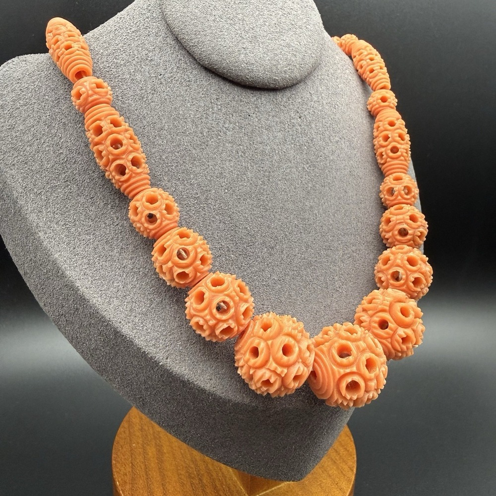 Vintage Carved Orange Faux Coral Bead Necklace Openwork Statement Hidden Clasp